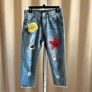 10 22 Ten Twenty Two Cropped Jeans Embroidered Flowers